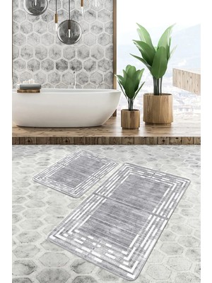 Rem Home Remhome Gri Beyaz Zeminde Çerçeveli Motifli Antik Geometrik Eskitme Motifli 2'li Banyo Mutfak Paspas Takımı Takım Banyo Paspası