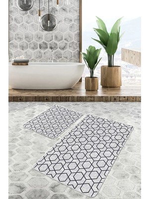 Rem Home Remhome 2'li Set Gri Zeminde Siyah Geometrik Motifli Klasik Sade & Şık Geometrik 2'li Banyo Paspas Takımı Takım Banyo Paspası