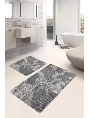 Rem Home Remhome Gri Zeminde Eskitme Motifli Geometrik Desenli Vintage Geometrik 2'li Banyo & Mutfak Paspas Takımı Takım Banyo Paspası