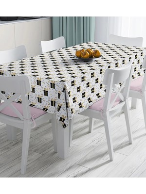 Rem Home Remhome Beyaz Zemin Üzerinde Gold Detaylı Hediye Paketi Desenli Dijital Baskılı Masa Örtüsü 90 x 90 cm