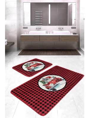Rem Home Remhome Kırmızı Ekose Tasarımlı Yılbaşı Temalı 2'li Banyo Halısı & Mutfak Paspas Takımı Takım Banyo Paspası