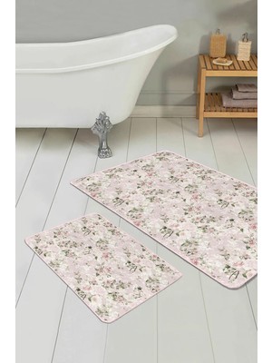 Rem Home Remhome Pembe Zemin Gül Motifleri Dijital Baskılı 2'li Kaymaz Tabanlı Banyo & Mutfak Paspas Takımı Takım Banyo Paspası