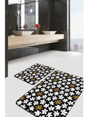 Rem Home Remhome Siyah Zemin Gold Detaylı Beyaz Yaprak Motifli 2'li Kaymaz Tabanlı Banyo & Mutfak Paspas Takımı Takım Banyo Paspası