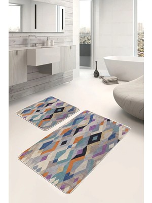 Rem Home Remhome 2'li Set Renkli Zeminde Soyut Motifli Baklava Desenli Geometrik Sade & Şık 2'li Banyo Paspas Takımı Takım Banyo Paspası