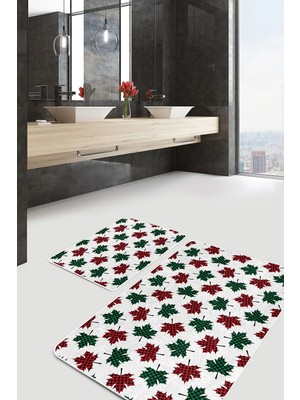 Rem Home Remhome Ekose Yaprak Motifli Yılbaşı Temalı 2'li Kaymaz Tabanlı Banyo & Mutfak Paspas Takımı Takım Banyo Paspası