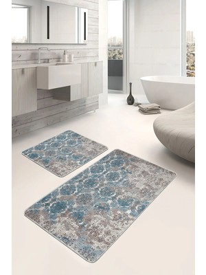 Rem Home Remhome Mavi - Bej Zemin Dokuma Halı Motifli Geleneksel Desenli Eskitme Motifli 2'li Banyo Paspas Takımı Takım Banyo Paspası