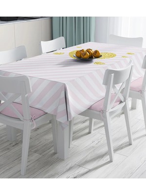 Rem Home Remhome Beyaz Zemin Üzerinde Pembe Yatay Çizgili Gold Detaylı Kalp Desenli Dijital Baskılı Masa Örtüsü 90 x 90 cm