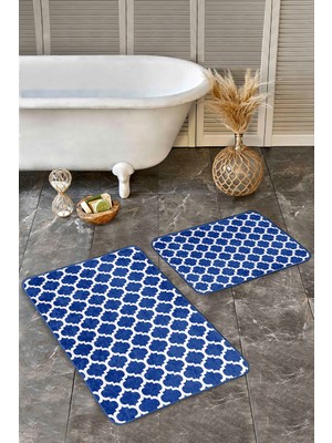Rem Home Remhome 2li Set Lacivert Zeminde Ogea Motifli Morrocan Desenli Geometrik Sade & Şık 2'li Banyo Paspas Takımı Takım Banyo Paspası