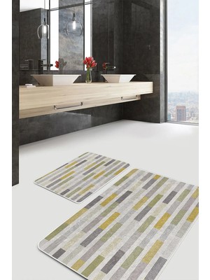 Rem Home Remhome 2'li Set Sarı - Krem Zeminde Şerit Motifli Kilim Geometrik Sade & Şık 2'li Banyo Paspas Takımı Takım Banyo Paspası