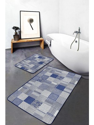 Rem Home Remhome 2'li Set Mavi Zeminde Geometrik Motifli Patchwork Geometrik Sade & Şık 2'li Banyo Paspas Takımı Takım Banyo Paspası