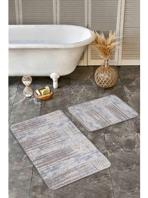 Rem Home Remhome Gri Zeminde Eskitme Motifli Geleneksel Eskitme Motifli Geometrik 2'li Banyo & Mutfak Paspas Takımı Takım Banyo Paspası