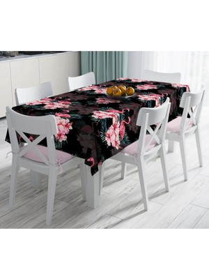 Rem Home Remhome Siyah Zeminde Lilyum ve Flamingo Özel Tasarım Leke Tutmaz Masa ÖRTÜSÜ-120×140 90 x 90 cm