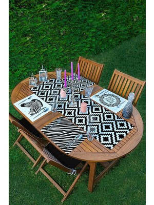 Rem Home Remhome 4+1 Siyah Beyaz Zebra Motif Home Sweet Tasarımlı Amerikan Servis & Runner Seti