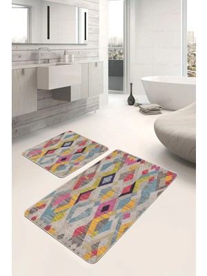 Rem Home Remhome 2'li Set Krem Zeminde El Dokuma Motifli Baklava Desenli Geometrik Vintage 2'li Banyo Paspas Takımı Takım Banyo Paspası