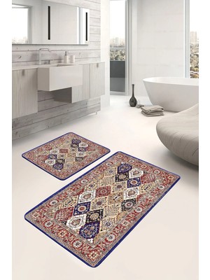 Rem Home Remhome Lacivert- Krem Zeminde Yöresel Motifli Etnik Eskitme Motifli Vintage 2'li Banyo Mutfak Paspas Takımı Takım Banyo Paspası
