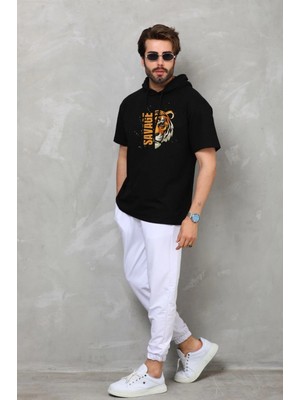Hace Bazaar Kapşonlu Kısa Kol Oversize Baskılı T-Shirt - Siyah -