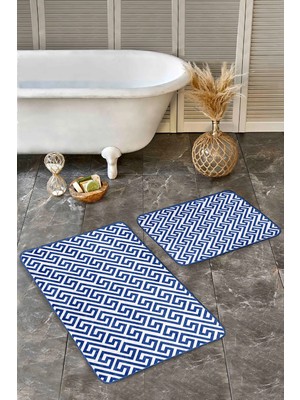 Rem Home Remhome 2'li Set Lacivert Zeminde Geometrik Motifli Mozaik Geometrik Sade & Şık 2'li Banyo Paspas Takımı Takım Banyo Paspası