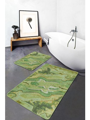 Rem Home Remhome 2'li Set Gold Yeşil Zeminde Mermer Motifli Altın Desenli Modern Sade & Şık 2'li Banyo Paspas Takımı Takım Banyo Paspası