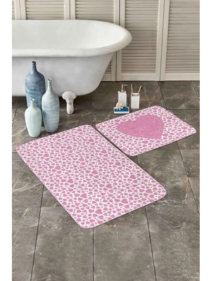 Rem Home Remhome Beyaz Zemin Love Temalı Kalp Motifli 2'li Kaymaz Tabanlı Banyo & Mutfak Paspas Takımı Takım Banyo Paspası