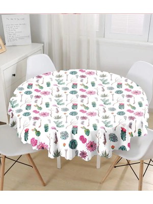 Rem Home Remhome Kuş Tüyü ve Çöl Bitkisi Desenli Dijital Baskılı Yuvarlak Masa Örtüsü 140 x 140 cm
