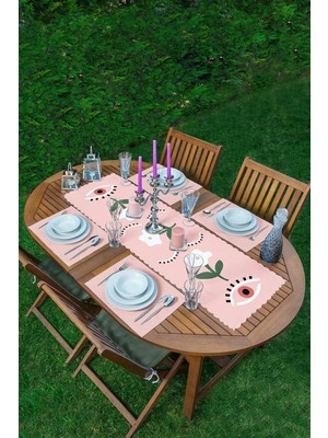 Rem Home Remhome Pudra Zeminde Onedraw Çizimli Çiçek Desenli 1 Adet Runner & 4 Adet Pembe Renkli Amerikan Servis