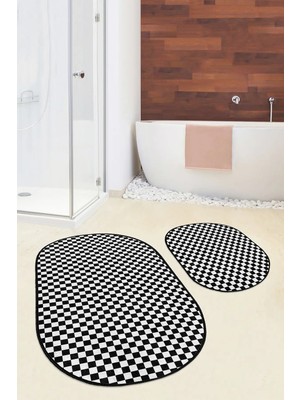 Rem Home Remhome Siyah Beyaz Dama Tasarımlı Dijital Baskılı 2'li Oval Kaymaz Tabanlı Banyo & Mutfak Paspas Takımı Takım Banyo Paspası