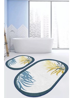 Rem Home Remhome Beyaz Zeminde Renkli Yaprak Desenli Dijital Baskılı 2'li Oval Kaymaz Taban Banyo & Mutfak Paspas Set Takım Banyo Paspası