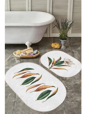 Rem Home Remhome 3D Tropik Yaprak Motifli 2'li Oval Kaymaz Tabanlı Banyo Paspas Seti & Mutfak Paspas Takımı Takım Banyo Paspası