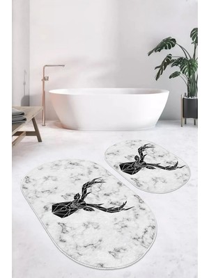 Rem Home Remhome Mermer Zemin Siyah Geyik Özel Tasarımlı 2'li Oval Kaymaz Tabanlı Banyo & Mutfak Paspas Takımı Takım Banyo Paspası