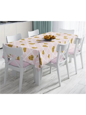 Rem Home Remhome Damalı Pudra Renkli Altın Kalpler Özel Tasarım Leke Tutmaz Masa ÖRTÜSÜ-120X140 cm