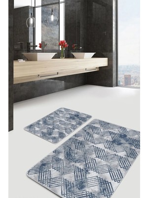 Rem Home Remhome 2'li Set Mavi - Gri Zeminde Geometrik Motifli Eskitme Klasik Geometrik 2'li Banyo Paspas Takımı Takım Banyo Paspası