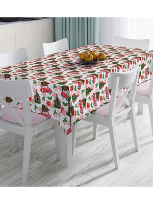 Rem Home Remhome Beyaz Zemin Üzerinde Yılbaşı Desenli Kırmızı Tostos Dijital Baskılı Masa Örtüsü 90 x 90 cm