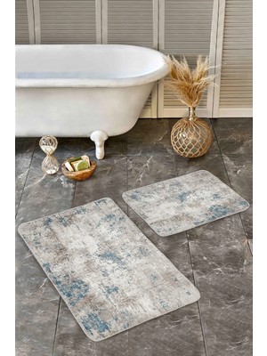 Rem Home Remhome Krem - Mavi Zeminde Eskitme Motifli Kanvas Eskitme Motifli Sade Şık 2'li Banyo Mutfak Paspas Takımı Takım Banyo Paspası