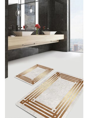 Rem Home Remhome 2'li Gold Zeminde Gold Motifli Klasik Desenli Geometrik Sade & Şık 2'li Banyo & Mutfak Paspas Takımı Takım Banyo Paspası
