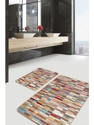 Rem Home Remhome 2'li Set Rengarenk Zeminde Patchwork Motifli Kilim Vintage Sade & Şık 2'li Banyo Paspas Takımı Takım Banyo Paspası