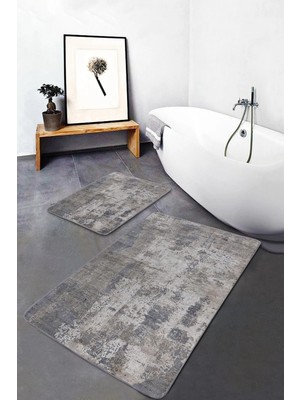 Rem Home Remhome 2'li Set Gri Zeminde Eskitme Motifli Duvar Desenli Vintage Eskitme Motifli 2'li Banyo Paspas Takımı Takım Banyo Paspası