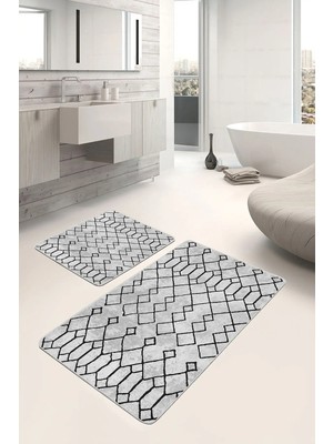 Rem Home Remhome Gri Siyah Zeminde Etnik Motifli Geleneksel Etnik Motifler Geometrik 2'li Banyo Mutfak Paspas Takımı Takım Banyo Paspası