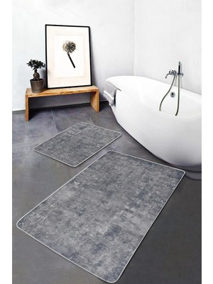 Rem Home Remhome Gri - Antrasit Zeminde El Dokuma Motifli Antika Eskitme Motifli Vintage 2'li Banyo Paspas Takımı Takım Banyo Paspası