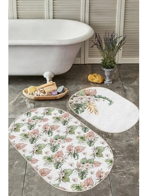 Rem Home Remhome Soft Tropik Yapraklar Özel Tasarım Dijital Baskılı 2'li Oval Kaymaz Taban Banyo & Mutfak Paspas Seti Takım Banyo Paspası