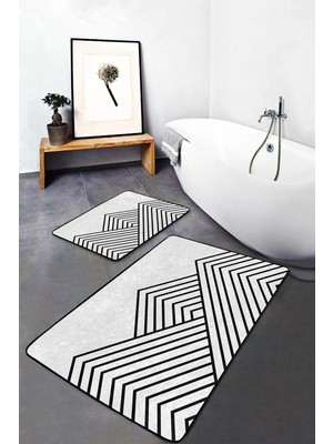 Rem Home Remhome Siyah - Beyaz Zeminde Üçgen Motifli Geometrik Geometrik Sade & Şık 2'li Banyo & Mutfak Paspas Takımı Takım Banyo Paspası
