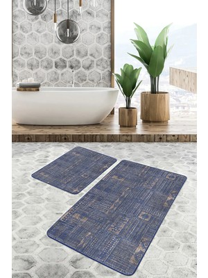 Rem Home Remhome 2'li Set Mavi Zeminde Kilim Motifli Hereke Desenli Etnik Motifler Vintage 2'li Banyo Paspas Takımı Takım Banyo Paspası