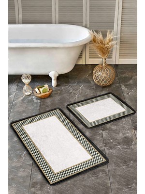 Rem Home Remhome 2'li Set Gri Krem Zeminde Damalı Motifli Art Deco Desenli Sade & Şık Klasik 2'li Banyo Paspas Takımı Takım Banyo Paspası