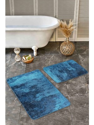Rem Home Remhome Mavi Lacivert Zeminde Dokuma Motifli Halı Eskitme Motifli Sade Şık 2'li Banyo Mutfak Paspas Takımı Takım Banyo Paspası
