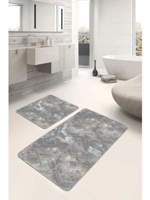 Rem Home Remhome Siyah - Beyaz Zeminde Geometrik Motifli Eskitme Motifli Klasik 2'li Banyo & Mutfak Paspas Takımı Takım Banyo Paspası