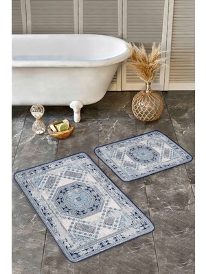 Rem Home Remhome Mavi Zeminde Dokuma Halı Motifli Geleneksel Desenli Vintage Eskitme Motifli 2'li Banyo Paspas Takımı Takım Banyo Paspası