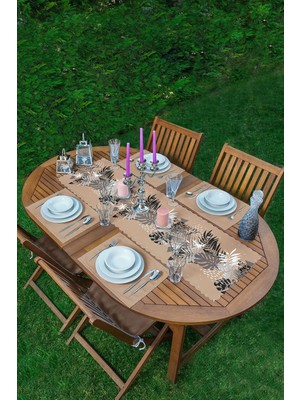 Rem Home Remhome Rustic House Dijital Baskılı 1 Adet Runner & 4 Adet Sütlü Kahve Renkli Amerikan Servis