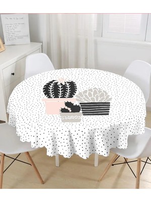 Rem Home Remhome Beyaz Zemin Üzerinde Siyah Puantiyeli Kaktüs Desenli Yuvarlak Masa Örtüsü - Çap 140CM 140 x 140 cm