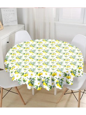 Rem Home Remhome Beyaz Zeminde Limon Desenli 3D Yuvarlak Masa Örtüsü - Çap 140CM 140 x 140 cm