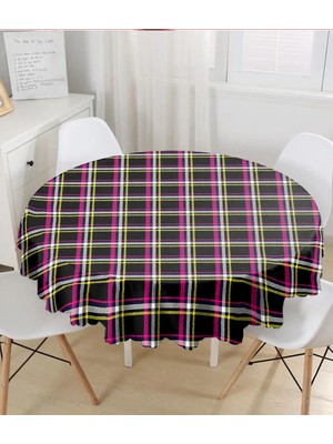 Rem Home Remhome Siyah Sarı Pembe Ekose Desenli Dijital Baskılı Yuvarlak Masa Örtüsü - Çap 140CM 140 x 140 cm