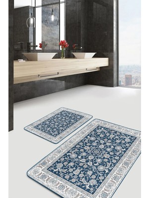 Rem Home Remhome Mavi Zeminde Uşak Motifli Antik Desenli Etnik Motifler Vintage 2'li Banyo & Mutfak Paspas Takımı Takım Banyo Paspası